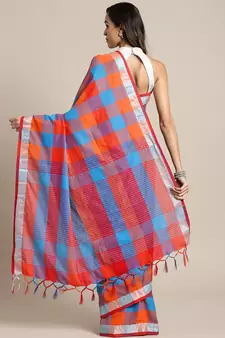 Orange woven blended cotton saree with blouse