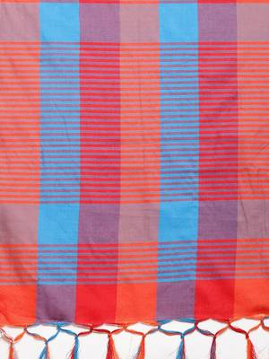 Orange woven blended cotton saree with blouse 4