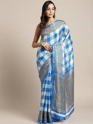 Blue printed art silk saree with blouse 1