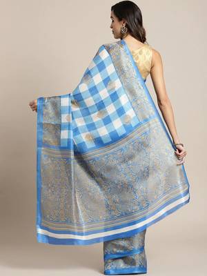 Blue printed art silk saree with blouse 2