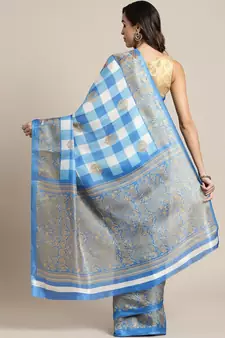 Blue printed art silk saree with blouse