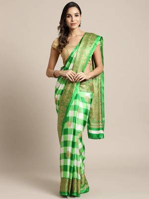 Green printed art silk saree with blouse 1
