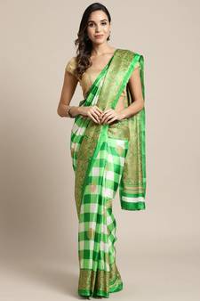 Green printed art silk saree with blouse