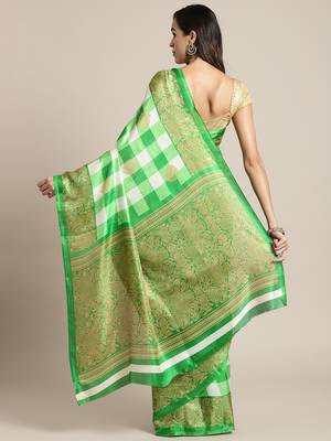 Green printed art silk saree with blouse 2