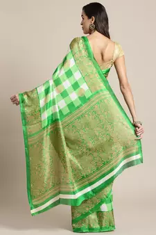 Green printed art silk saree with blouse