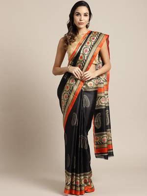 Black printed art silk saree with blouse 1