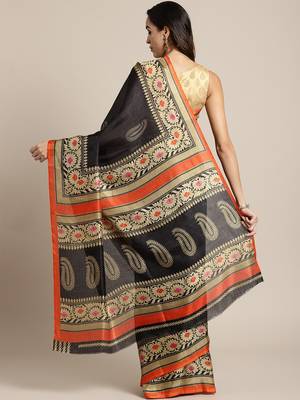 Black printed art silk saree with blouse 2
