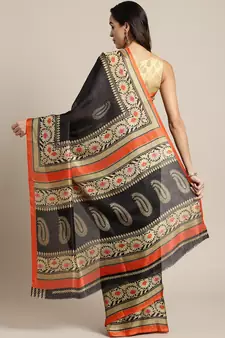 Black printed art silk saree with blouse