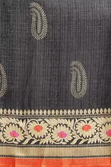 Black printed art silk saree with blouse