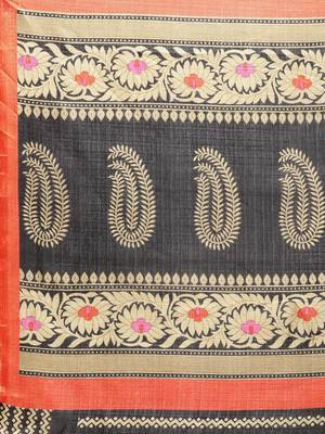 Black printed art silk saree with blouse 4
