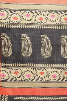 Black printed art silk saree with blouse