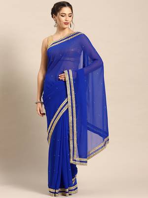 Blue embroidered georgette saree with blouse 1