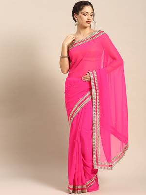 Pink embroidered georgette saree with blouse 1