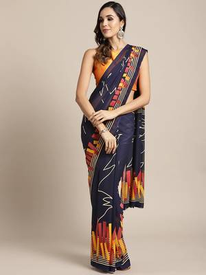 Blue printed georgette saree with blouse 1