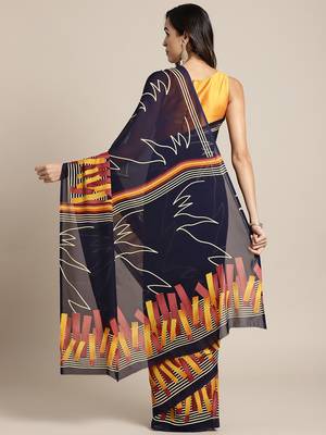 Blue printed georgette saree with blouse 2