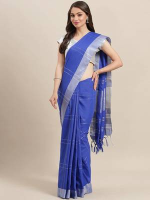 Blue woven blended cotton saree with blouse 1