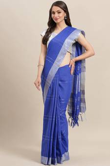 Blue woven blended cotton saree with blouse