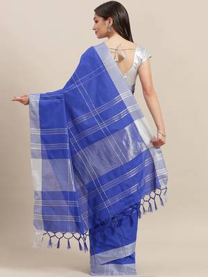 Blue woven blended cotton saree with blouse 2