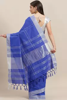 Blue woven blended cotton saree with blouse