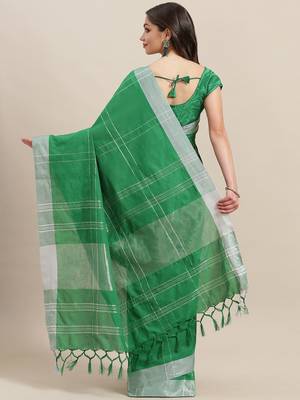 Green woven blended cotton saree with blouse 2