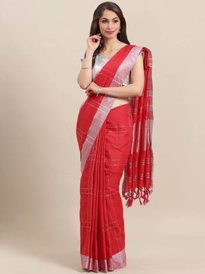 Red woven blended cotton saree with blouse 1
