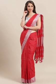 Red woven blended cotton saree with blouse