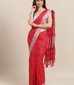 Red woven blended cotton saree with blouse