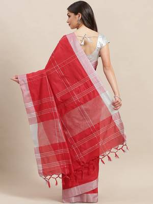 Red woven blended cotton saree with blouse 2