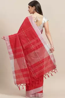 Red woven blended cotton saree with blouse
