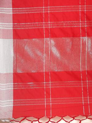Red woven blended cotton saree with blouse 4