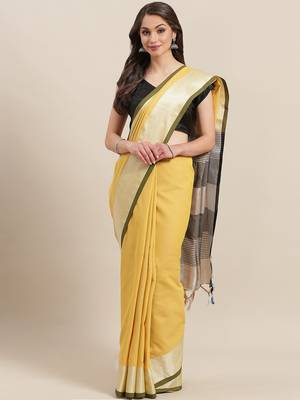 Yellow woven blended cotton saree with blouse 1