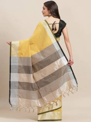 Yellow woven blended cotton saree with blouse 2