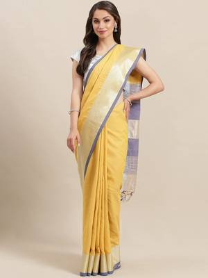 Yellow woven blended cotton saree with blouse 1
