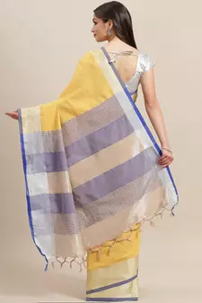 Yellow woven blended cotton saree with blouse