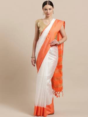 Orange woven blended cotton saree with blouse 1