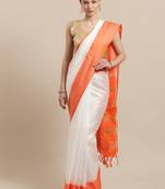 Orange woven blended cotton saree with blouse