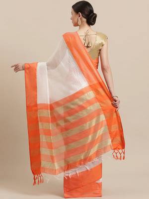 Orange woven blended cotton saree with blouse 2