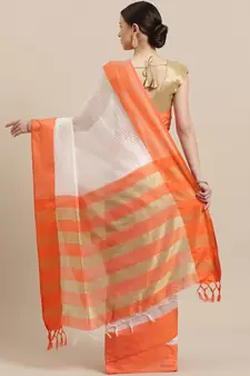 Orange woven blended cotton saree with blouse