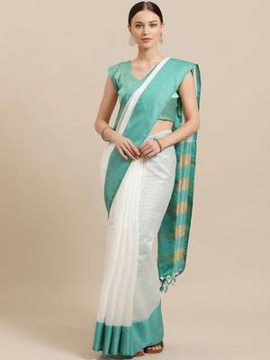 Blue woven blended cotton saree with blouse 1