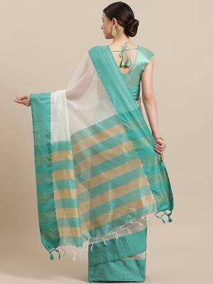 Blue woven blended cotton saree with blouse 2
