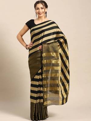 Beige woven blended cotton saree with blouse 1