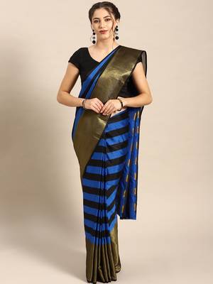 Blue woven blended cotton saree with blouse 1