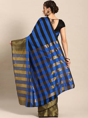 Blue woven blended cotton saree with blouse 2