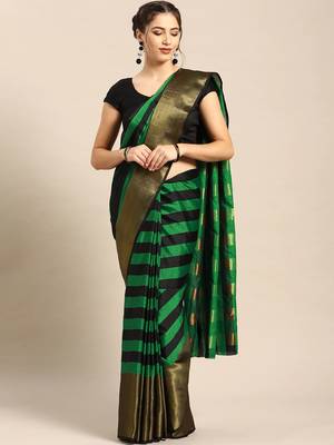 Green woven blended cotton saree with blouse 1
