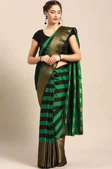 Green woven blended cotton saree with blouse