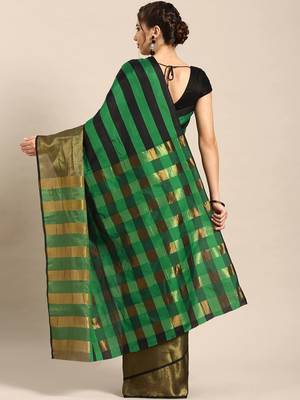 Green woven blended cotton saree with blouse 2