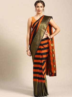 Orange woven blended cotton saree with blouse 1