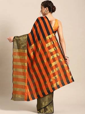 Orange woven blended cotton saree with blouse 2
