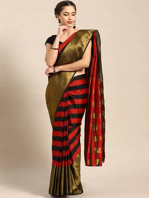 Red woven blended cotton saree with blouse 1