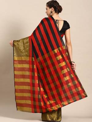Red woven blended cotton saree with blouse 2